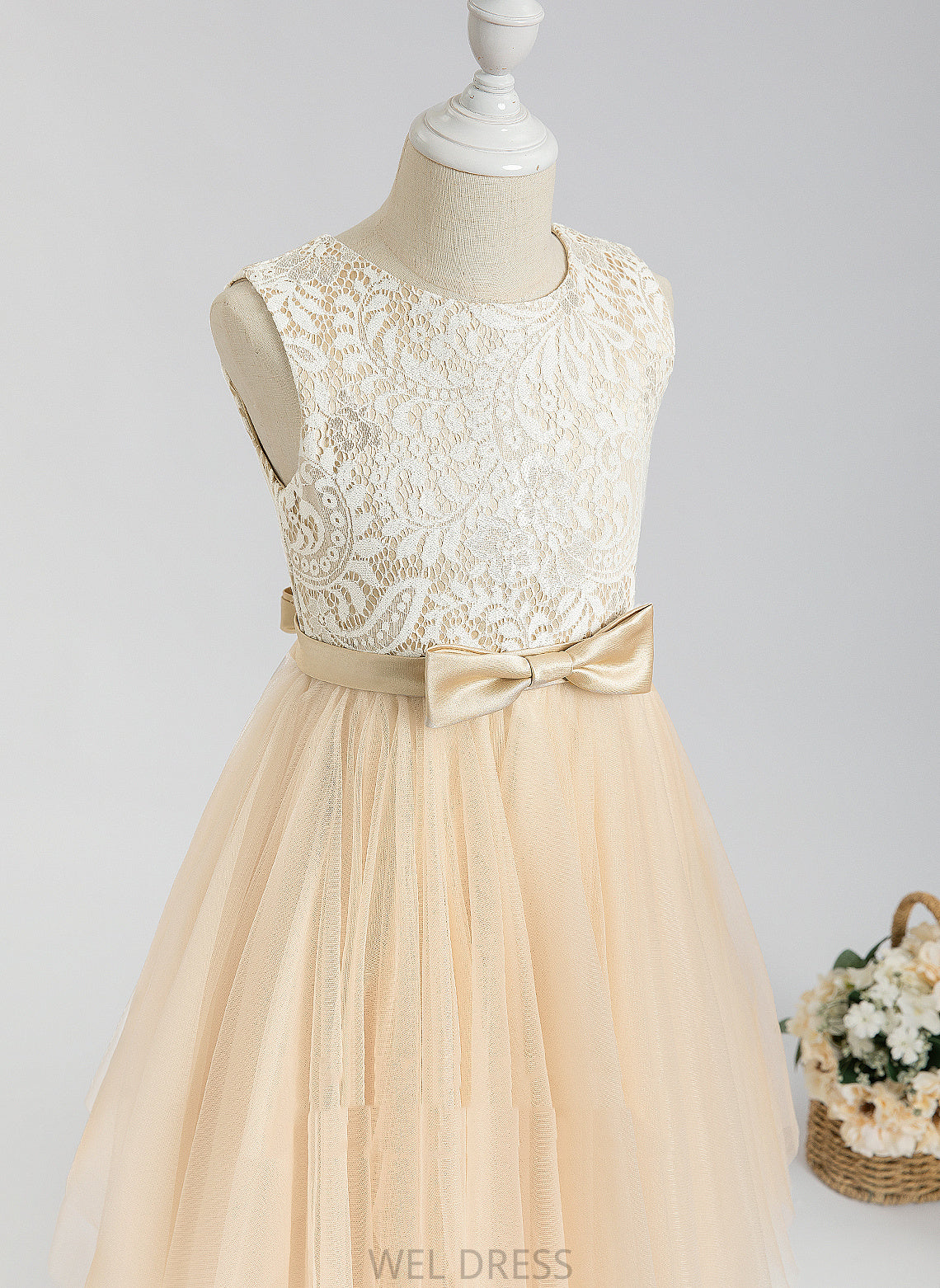 Dress Flower Carly Scalloped Flower Girl Dresses Neck With - A-Line Lace/Bow(s) Girl Tea-length Tulle Sleeveless