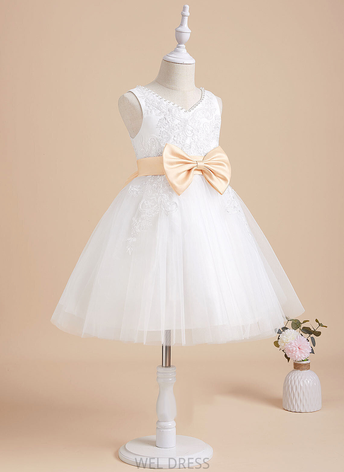 V-neck Flower Girl Dresses Knee-length A-Line - With Girl Flower Sash/Beading/Bow(s) Tulle/Lace Ellen Dress Sleeveless