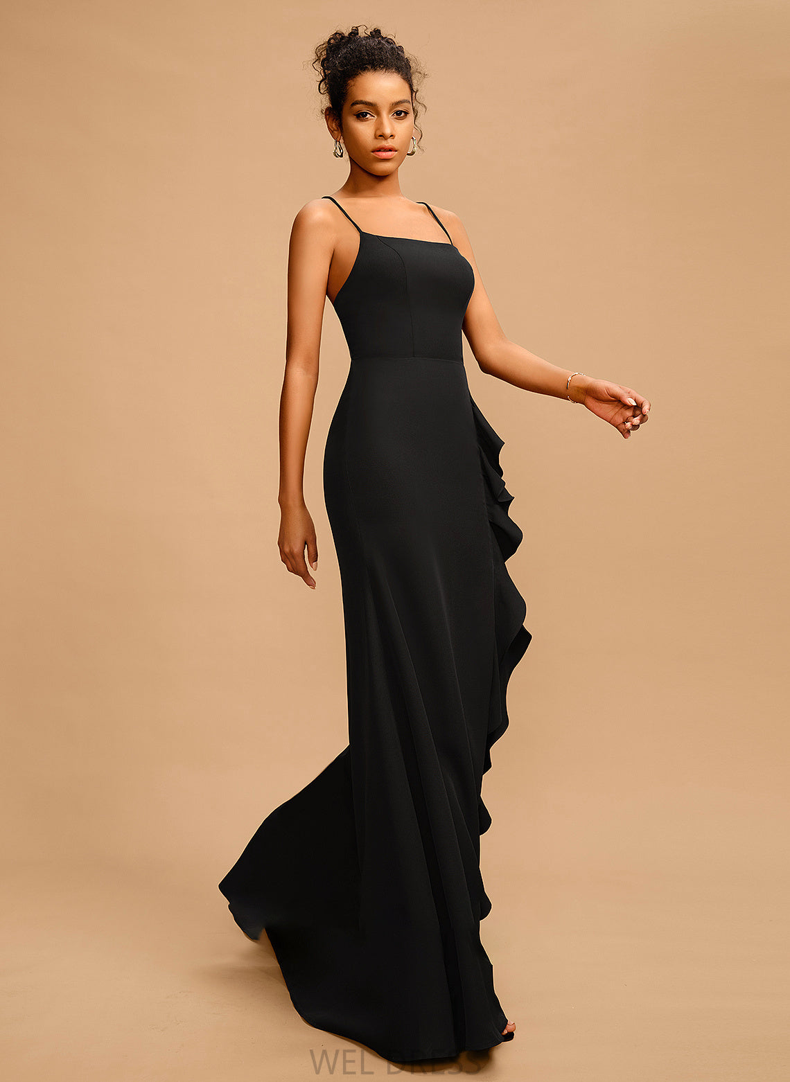 With Neckline Ruffle Square Brooklynn Prom Dresses Sheath/Column Stretch Floor-Length Crepe