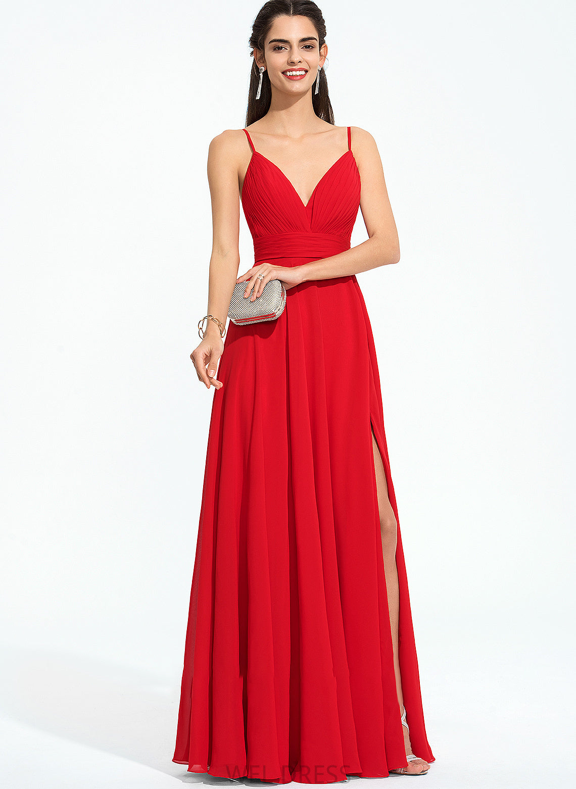 Ruffle A-Line Split With Floor-Length Angela Front V-neck Prom Dresses Chiffon