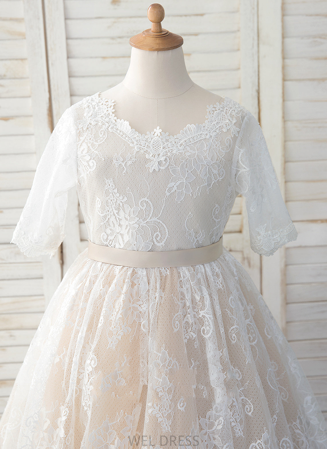 Dress Sleeves Tea-length Scoop Flower Neck Flower Girl Dresses 3/4 - With Bow(s) Girl A-Line Tulle/Lace Kennedy