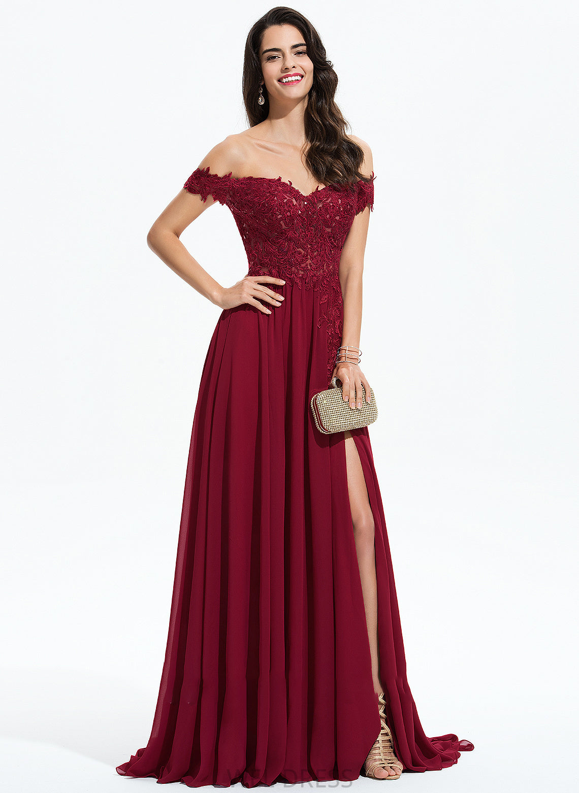 Chiffon With Lace Kimora Sweep A-Line Sequins Off-the-Shoulder Prom Dresses Train