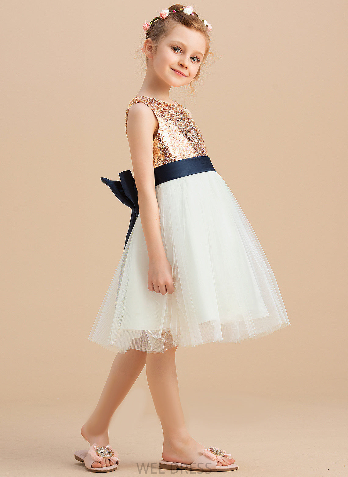 (Undetachable Lacey Flower Girl Dresses With Sequins/Bow(s) sash) Sleeveless Scoop Knee-length Neck Flower Dress - Satin/Tulle/Sequined A-Line Girl