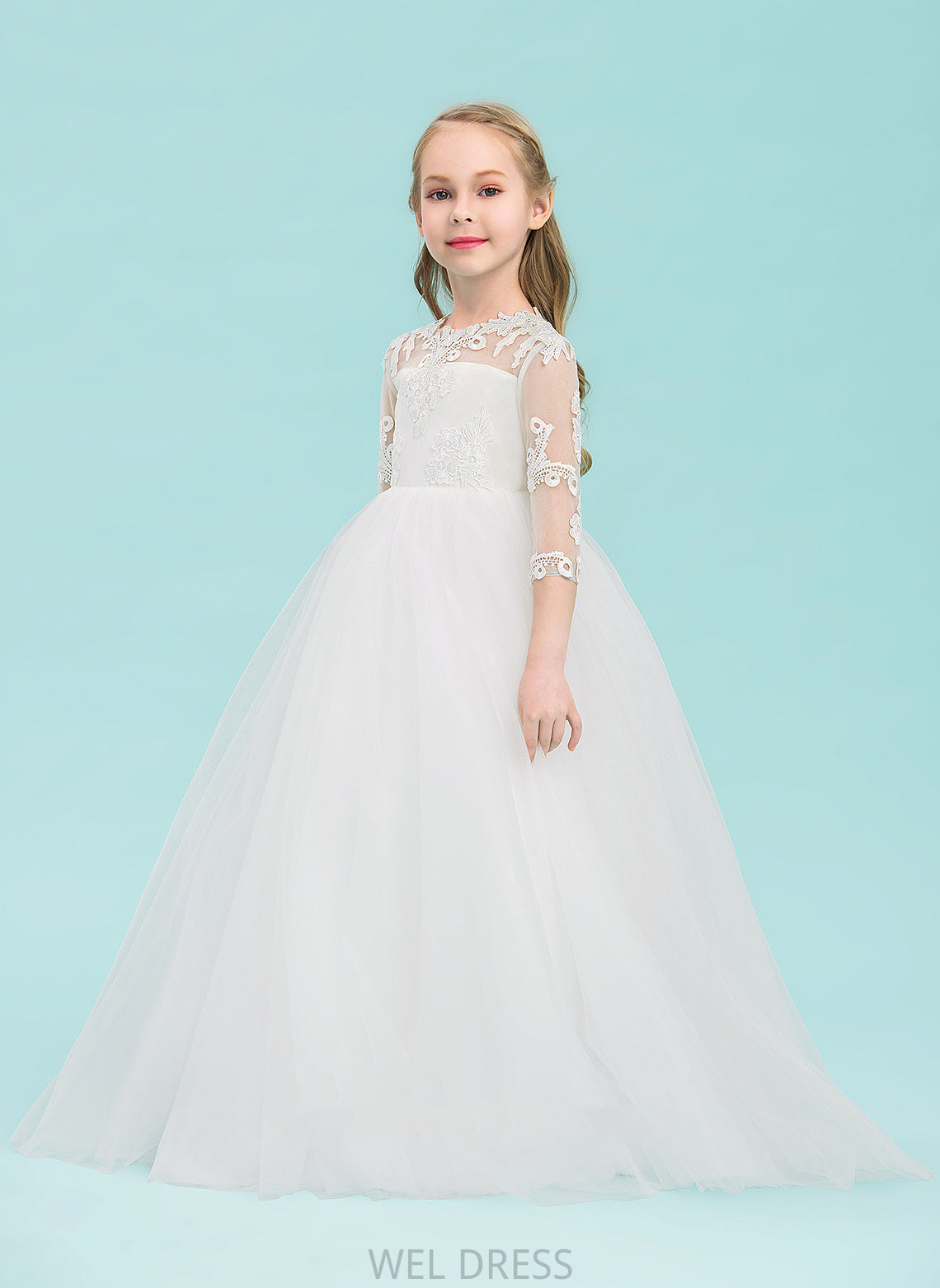 Flower 3/4 Myla Tulle Neck Ball-Gown/Princess Girl Dress Scoop Floor-length Flower Girl Dresses - Sleeves