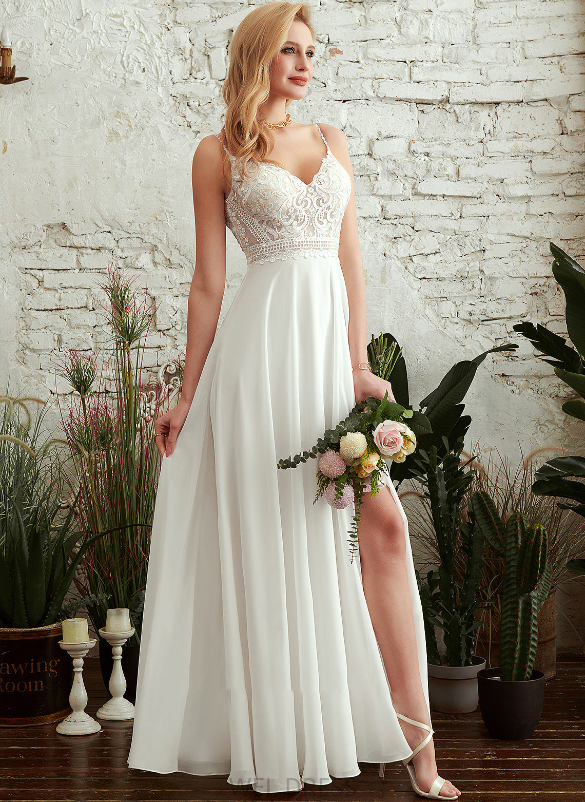 Wedding Split Floor-Length A-Line Wedding Dresses V-neck With Dress Isis Front