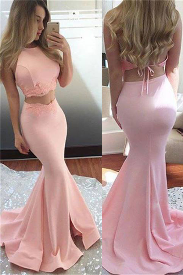 Lavender Two Piece Mermaid Halter Sleeveless Backless Split Front Prom Dresses