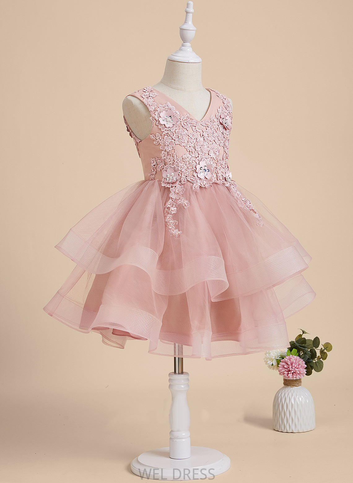 Sleeveless Knee-length Dress Danna Beading/Flower(s)/Sequins V-neck Girl A-Line Tulle/Lace Flower Girl Dresses With Flower -