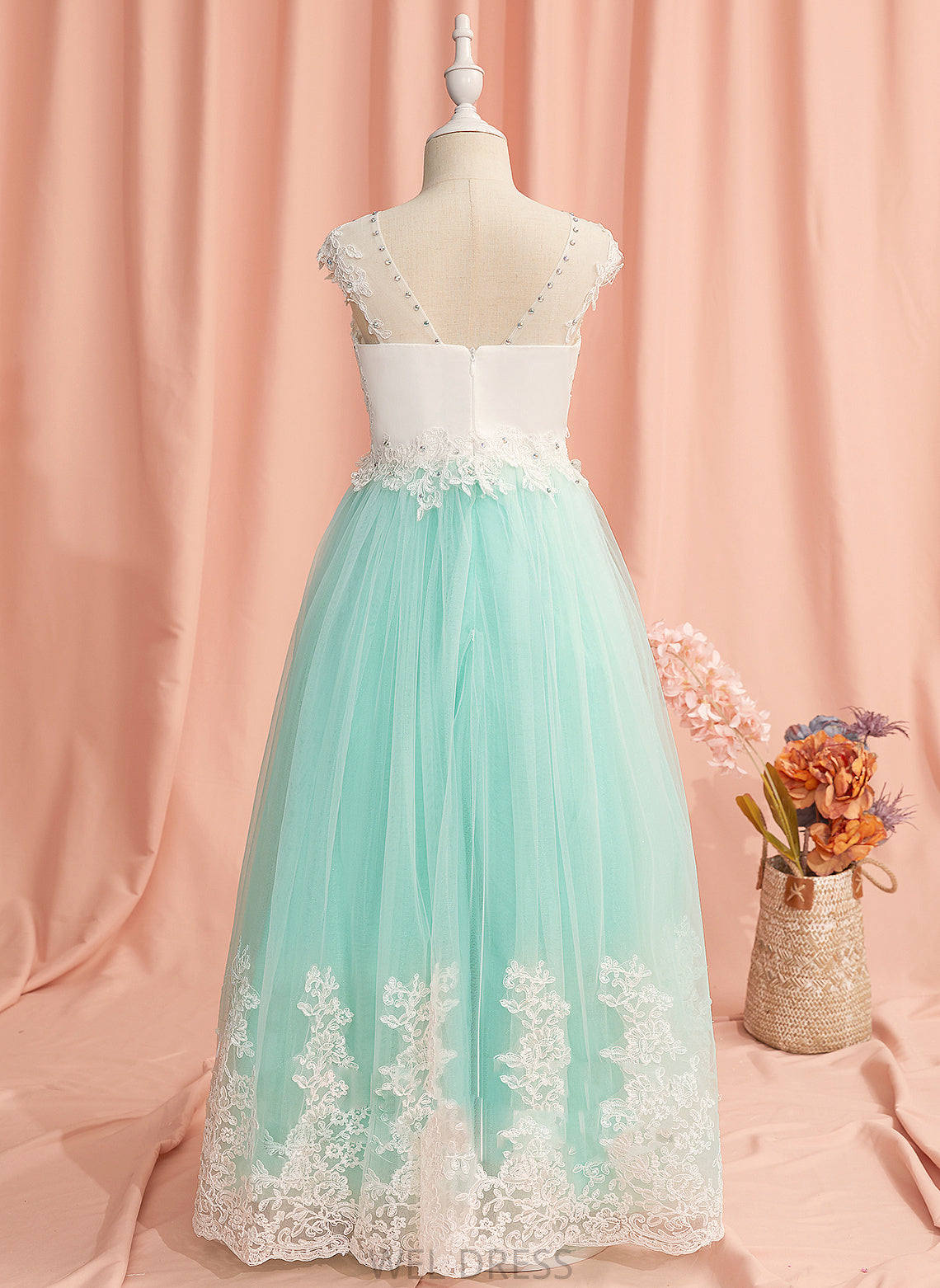 Lace/Beading/Bow(s)/V Scoop - Sleeveless Floor-length Ball-Gown/Princess Girl Back Flower Girl Dresses Tulle Brynlee Flower Dress With Neck