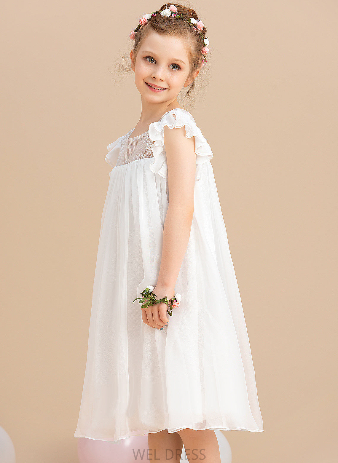 A-Line Sleeves Lace Scoop - Flower Girl Dresses Flower Dress Chiffon Short Knee-length Val With Neck Girl