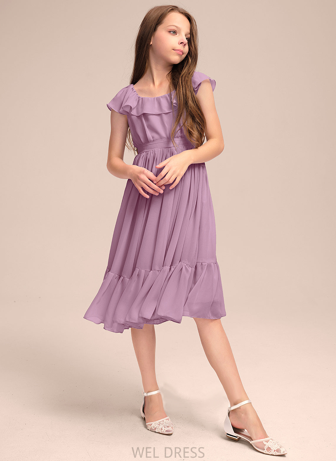 A-Line Ruffles With Junior Bridesmaid Dresses Chiffon Bow(s) Knee-Length Neck Cascading Scoop Veronica