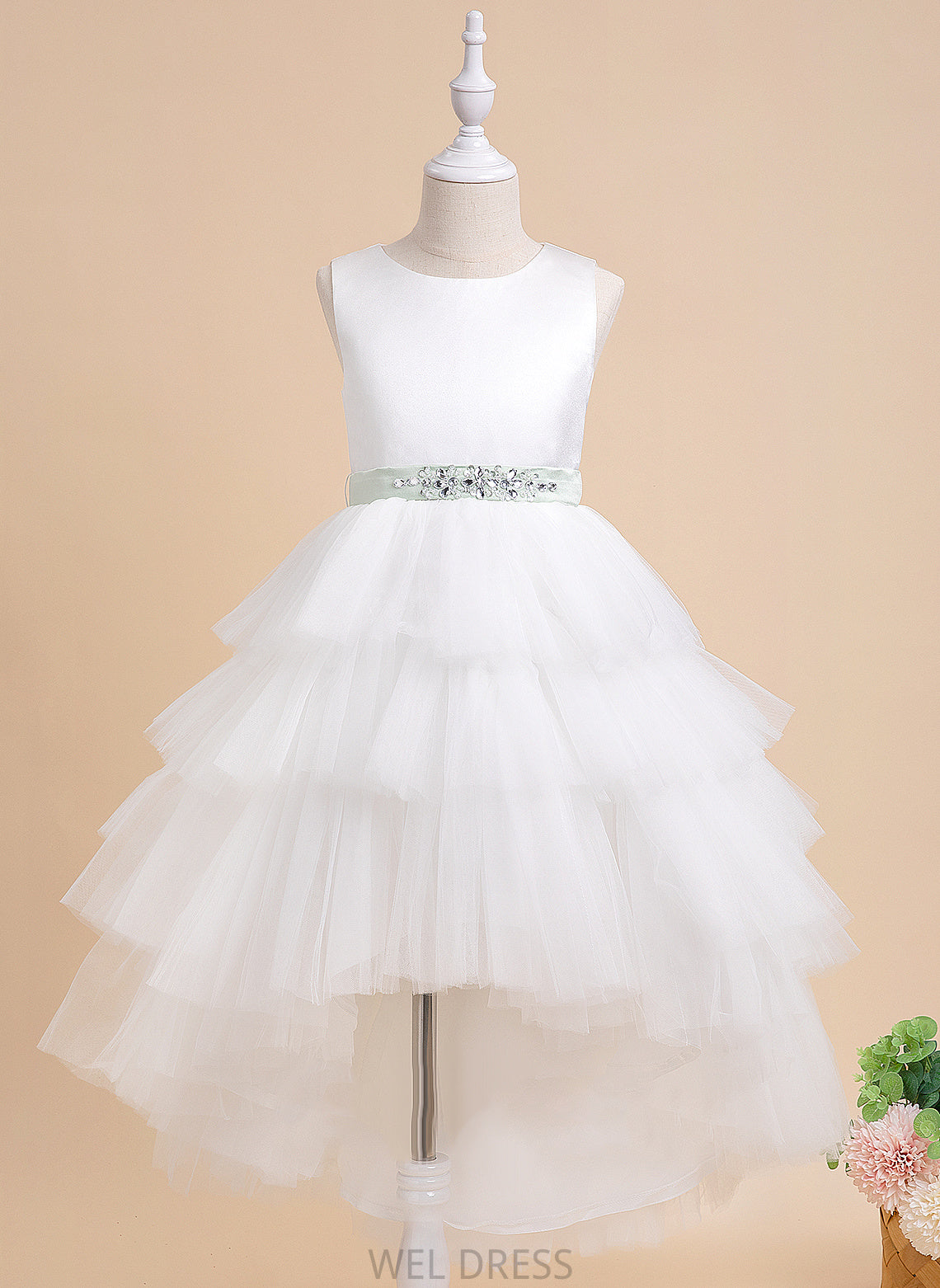 Madeleine Scoop Flower Girl Dresses Asymmetrical Dress (Detachable Neck Flower Sleeveless sash) Sash/Beading With Girl - Ball-Gown/Princess Tulle