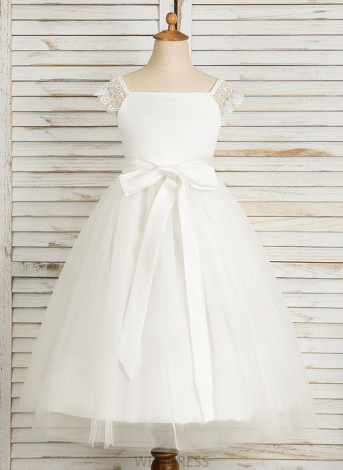 Dress Girl Tea-length Square Satin/Tulle - Flower Girl Dresses With Flower A-Line Sleeveless Tamara Neckline Lace/Sash