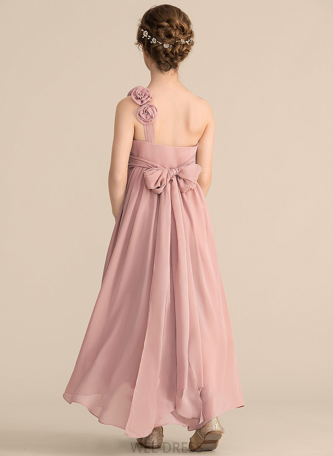 A-Line Flower(s) Ruffle Chiffon With Bow(s) Asymmetrical Junior Bridesmaid Dresses One-Shoulder Joy