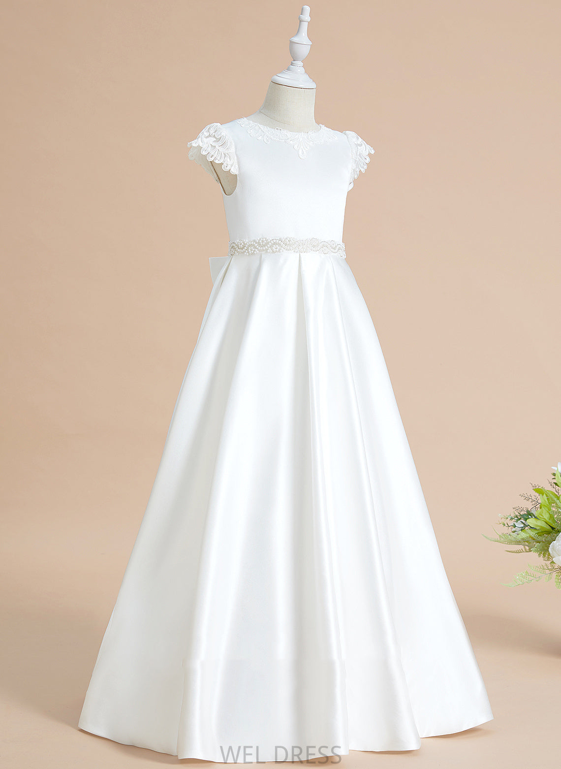 Satin Scoop Ball-Gown/Princess With Daphne Sleeves Girl Dress Lace/Beading/Bow(s) Neck Flower - Flower Girl Dresses Short Floor-length