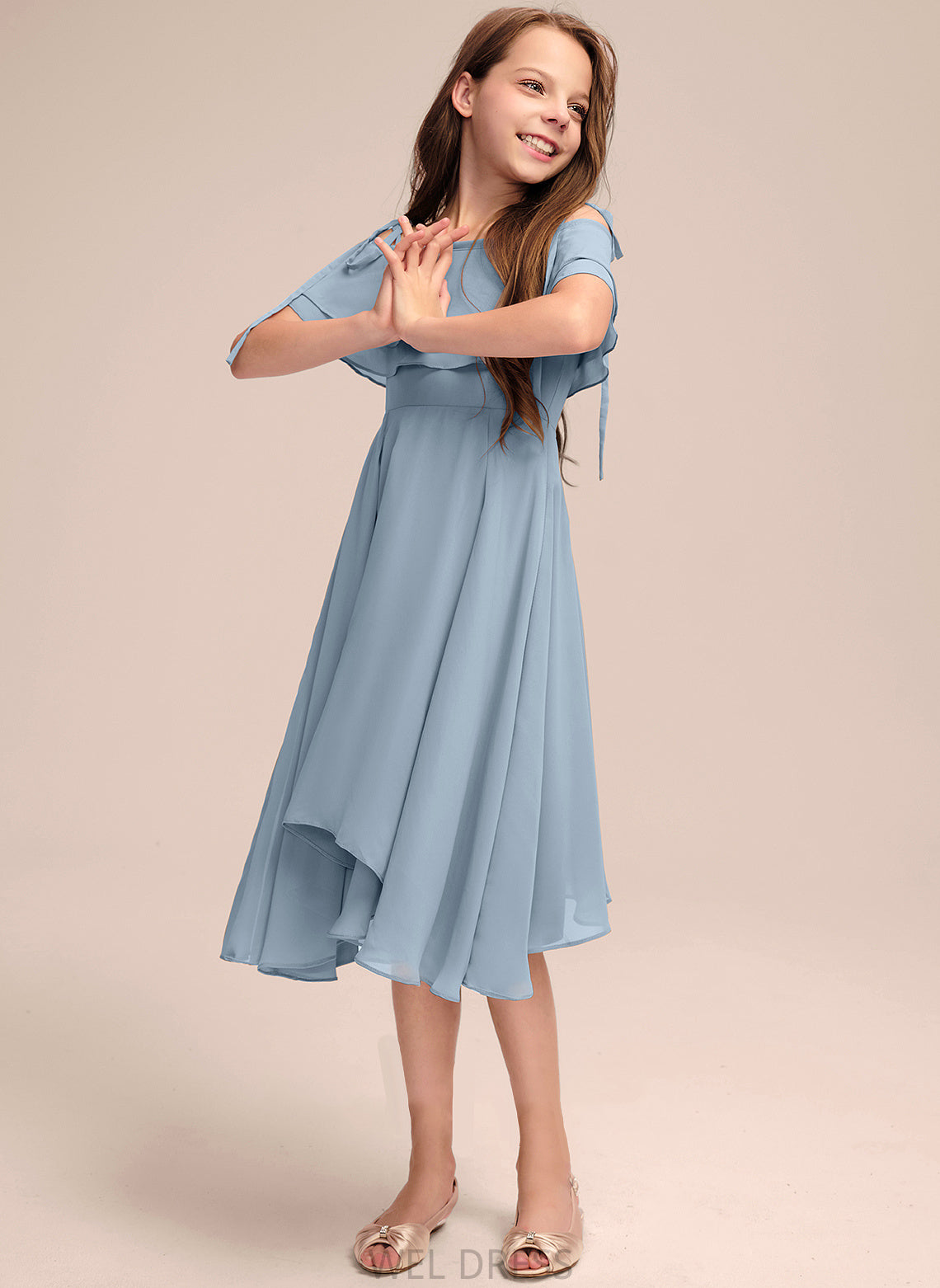 Ruffles With Junior Bridesmaid Dresses A-Line Off-the-Shoulder Chiffon Celia Cascading Asymmetrical