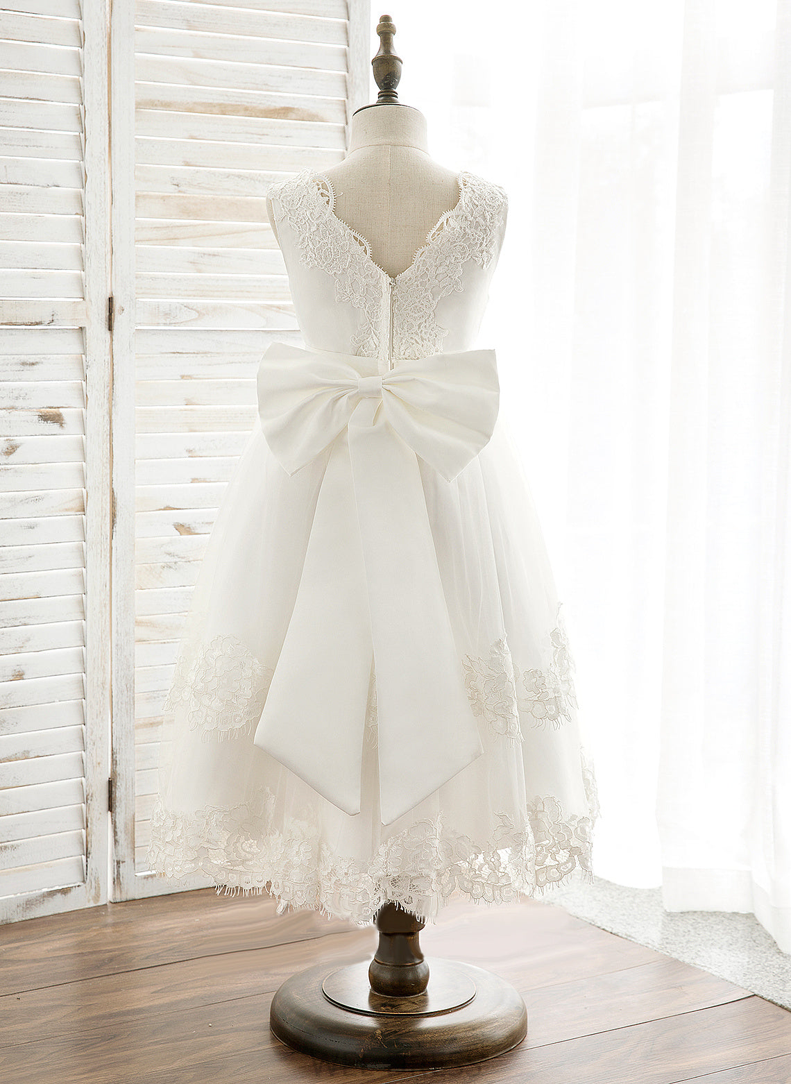 Flower Sleeveless Tulle/Lace America With Girl - Flower Girl Dresses A-Line Back Dress V-neck Tea-length Bow(s)/V