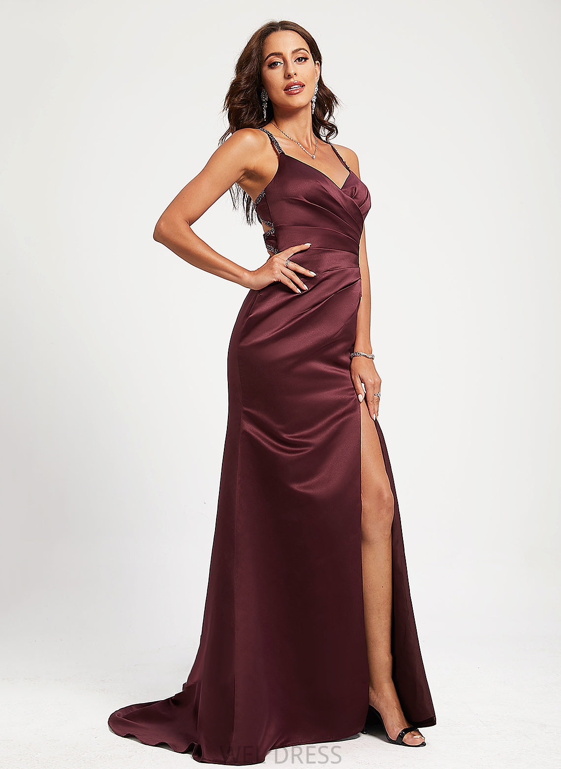 V-neck Train With Prom Dresses Sweep Beading Tatum Sequins Satin Trumpet/Mermaid