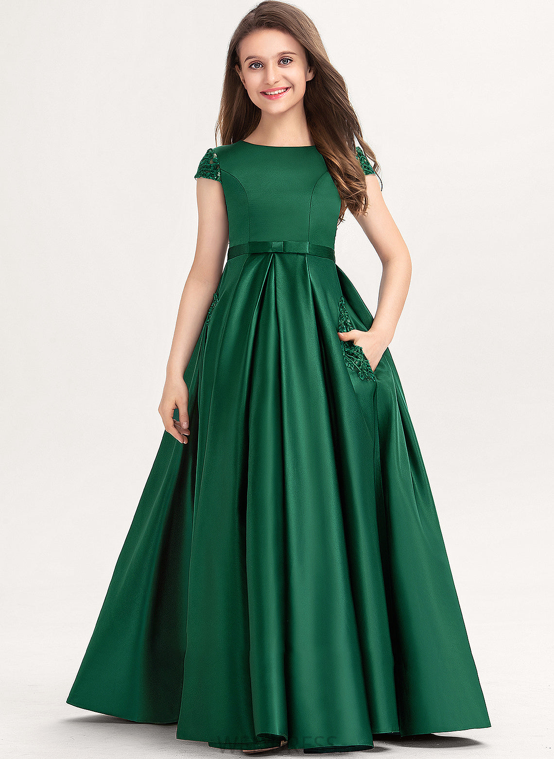 Scoop Ball-Gown/Princess Junior Bridesmaid Dresses Pockets Lace Satin Floor-Length With Neck Bow(s) Jamya