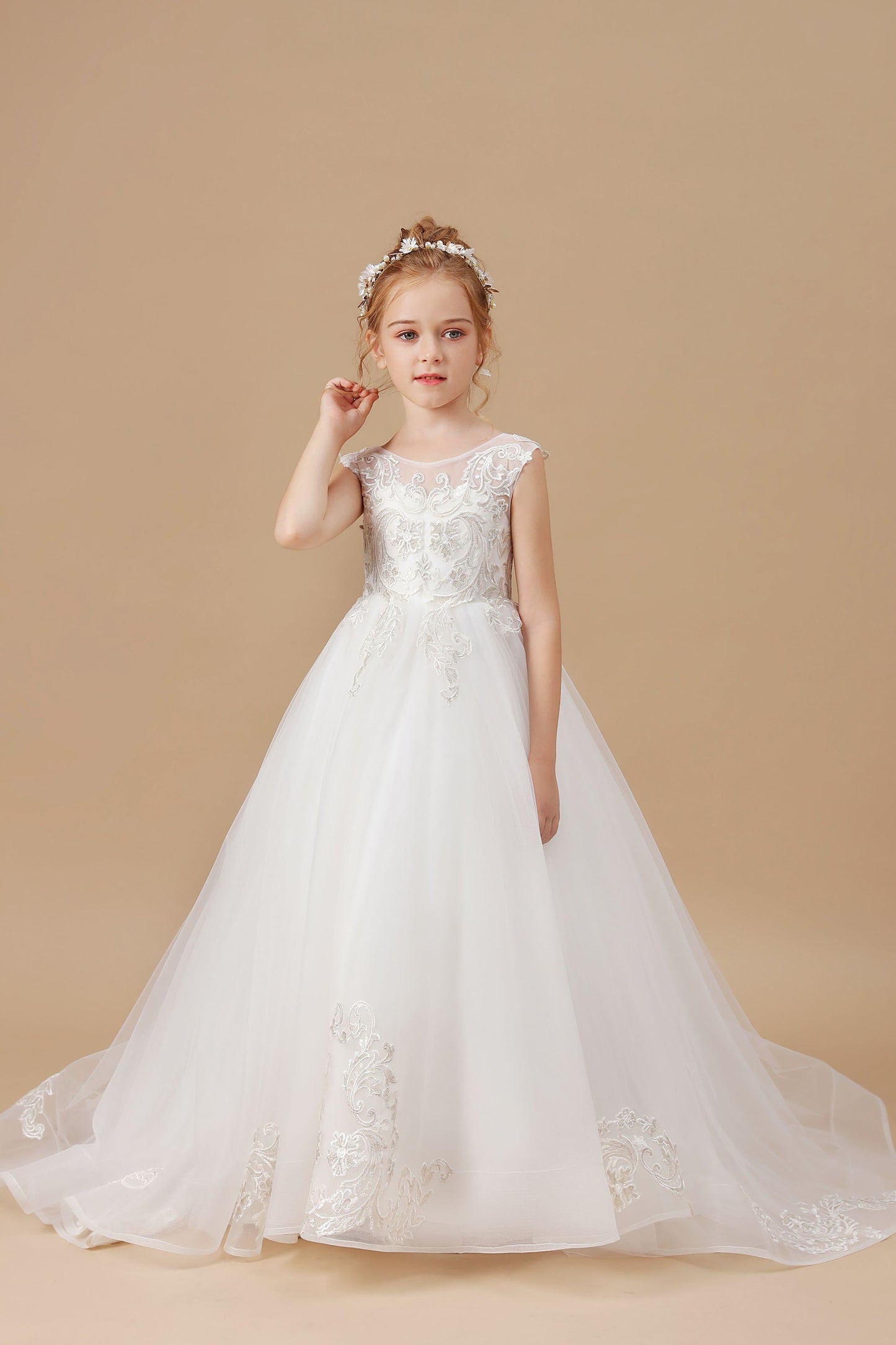 Ivory Sleeveless Applique Sweep trailing Multi-Layer Tulle Flower Girl Dresses