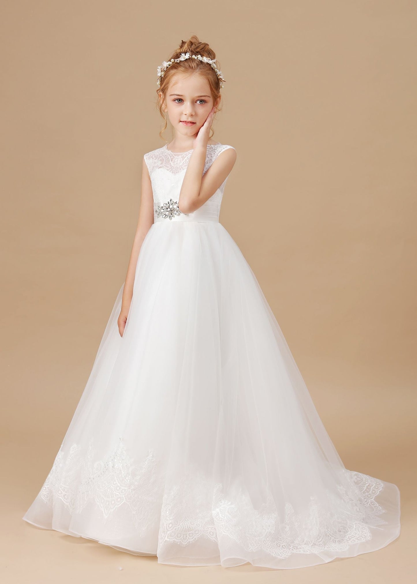 Floor-length Sleevelesss Lace Tulle Satin Flower Girl Dresses