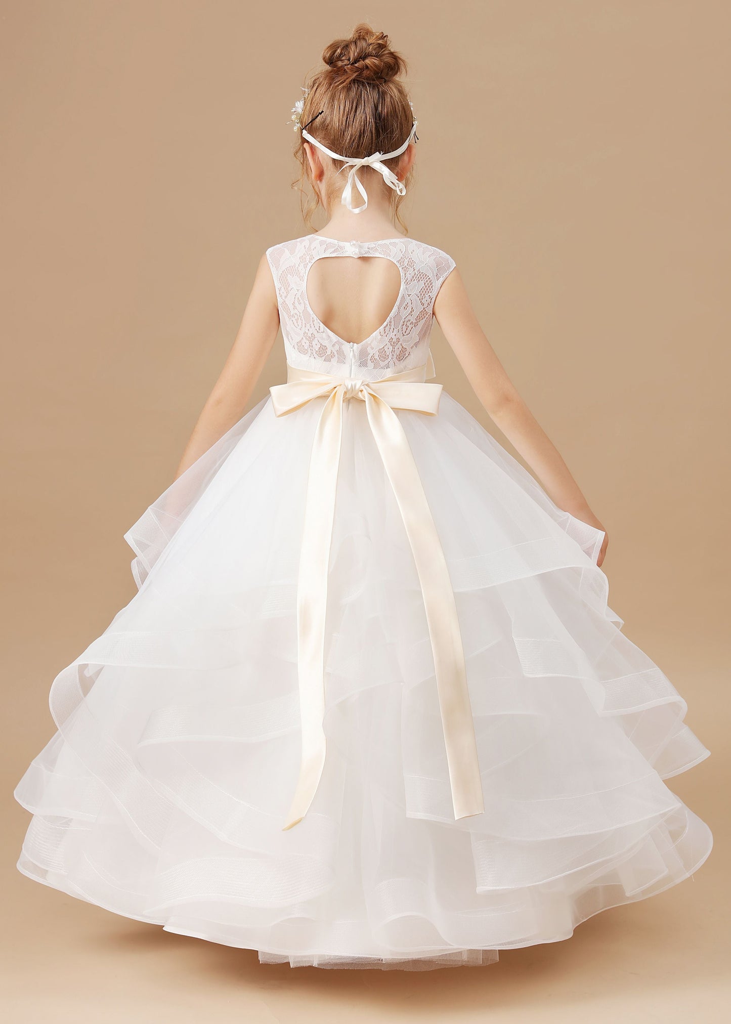 Ivory Multi-layered Tulle Ruffled Satin Flower Girl Dresses With Champagne Bow Front and Back