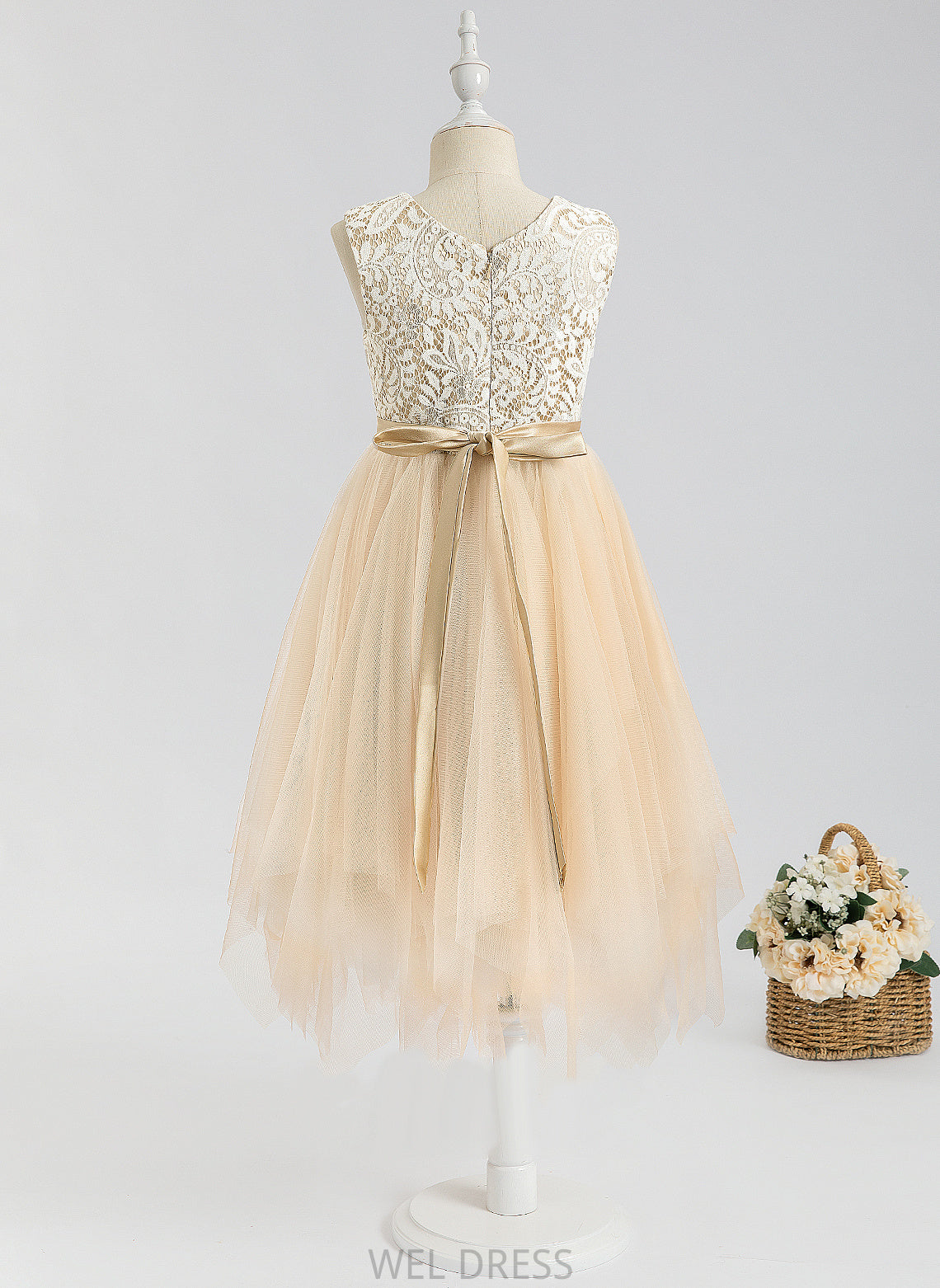 Dress Flower Carly Scalloped Flower Girl Dresses Neck With - A-Line Lace/Bow(s) Girl Tea-length Tulle Sleeveless