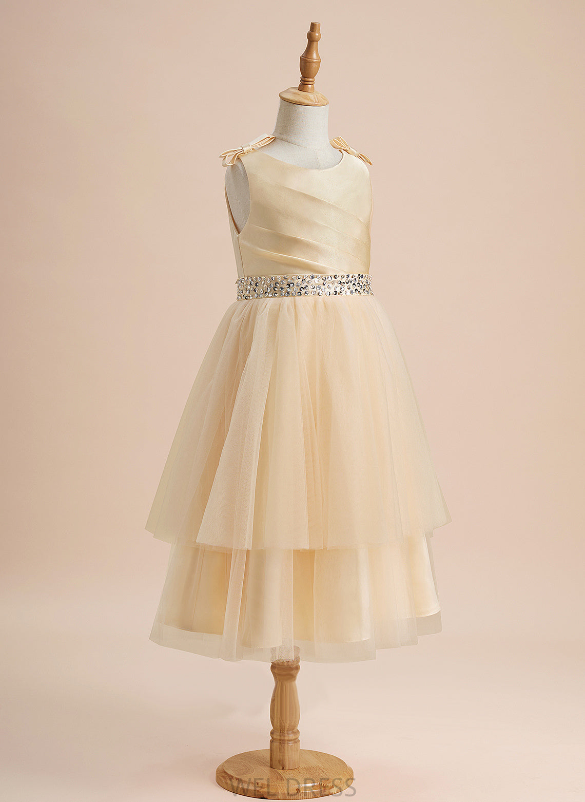 Sleeveless Scoop Camille - Girl Satin/Tulle Knee-length With Neck Beading/Sequins/Bow(s) Flower Girl Dresses Flower A-Line Dress