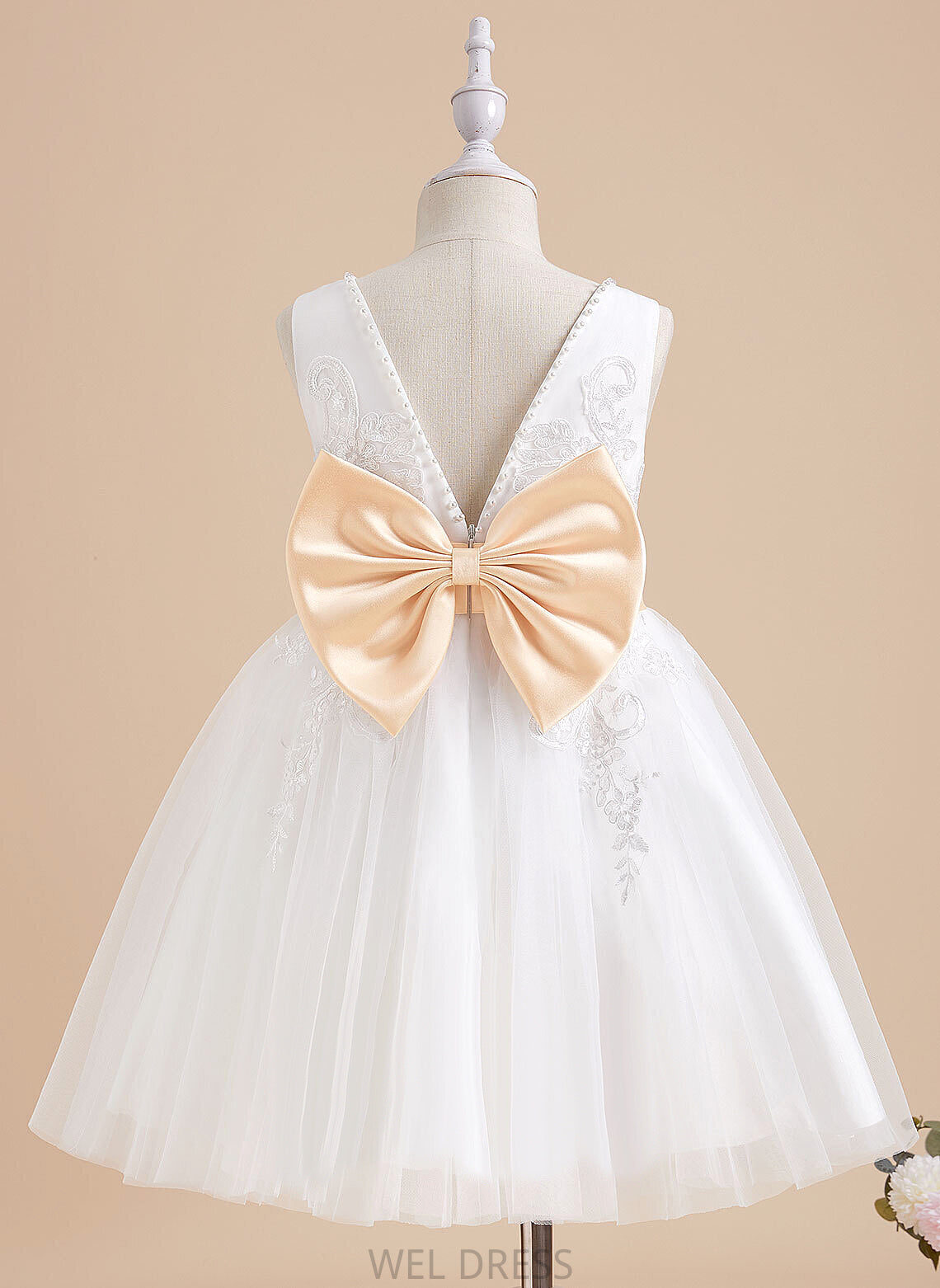 V-neck Flower Girl Dresses Knee-length A-Line - With Girl Flower Sash/Beading/Bow(s) Tulle/Lace Ellen Dress Sleeveless