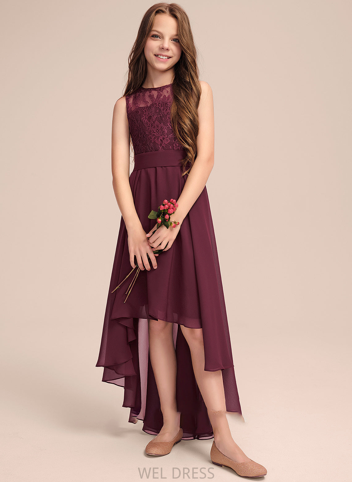 Beatrice A-Line Scoop Junior Bridesmaid Dresses With Chiffon Bow(s) Lace Asymmetrical Neck