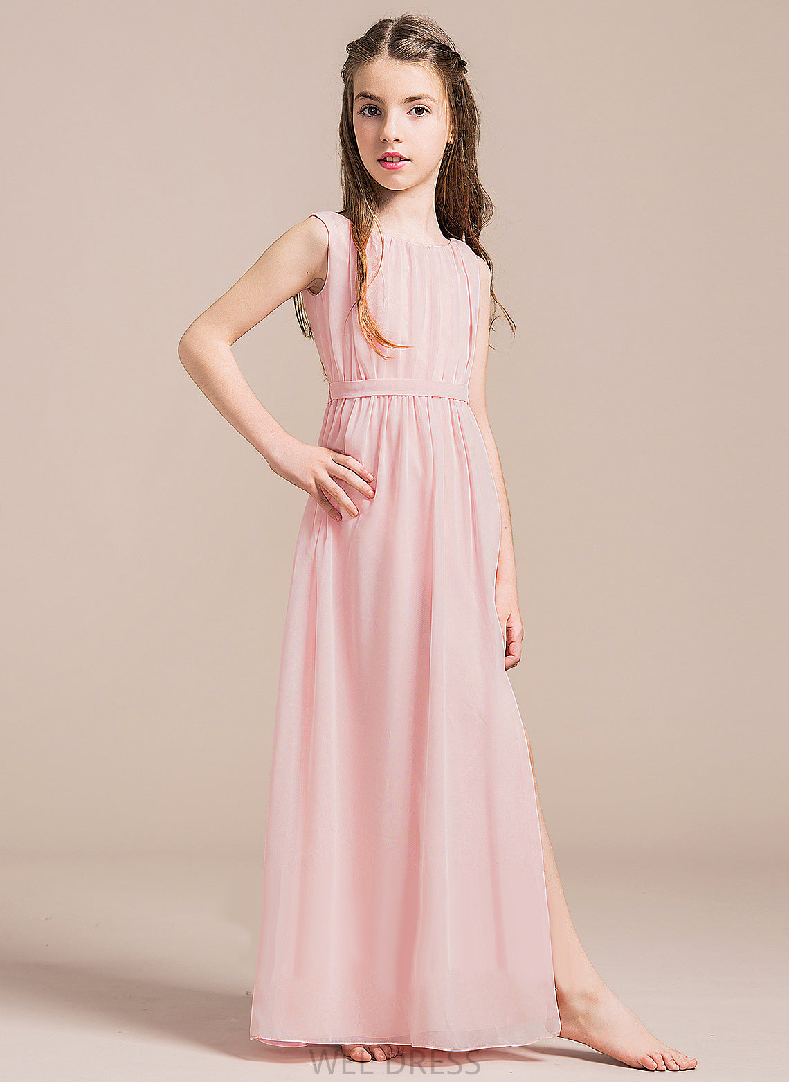 Chiffon Ruffle Junior Bridesmaid Dresses Joan Neck With Front Split Scoop A-Line Floor-Length