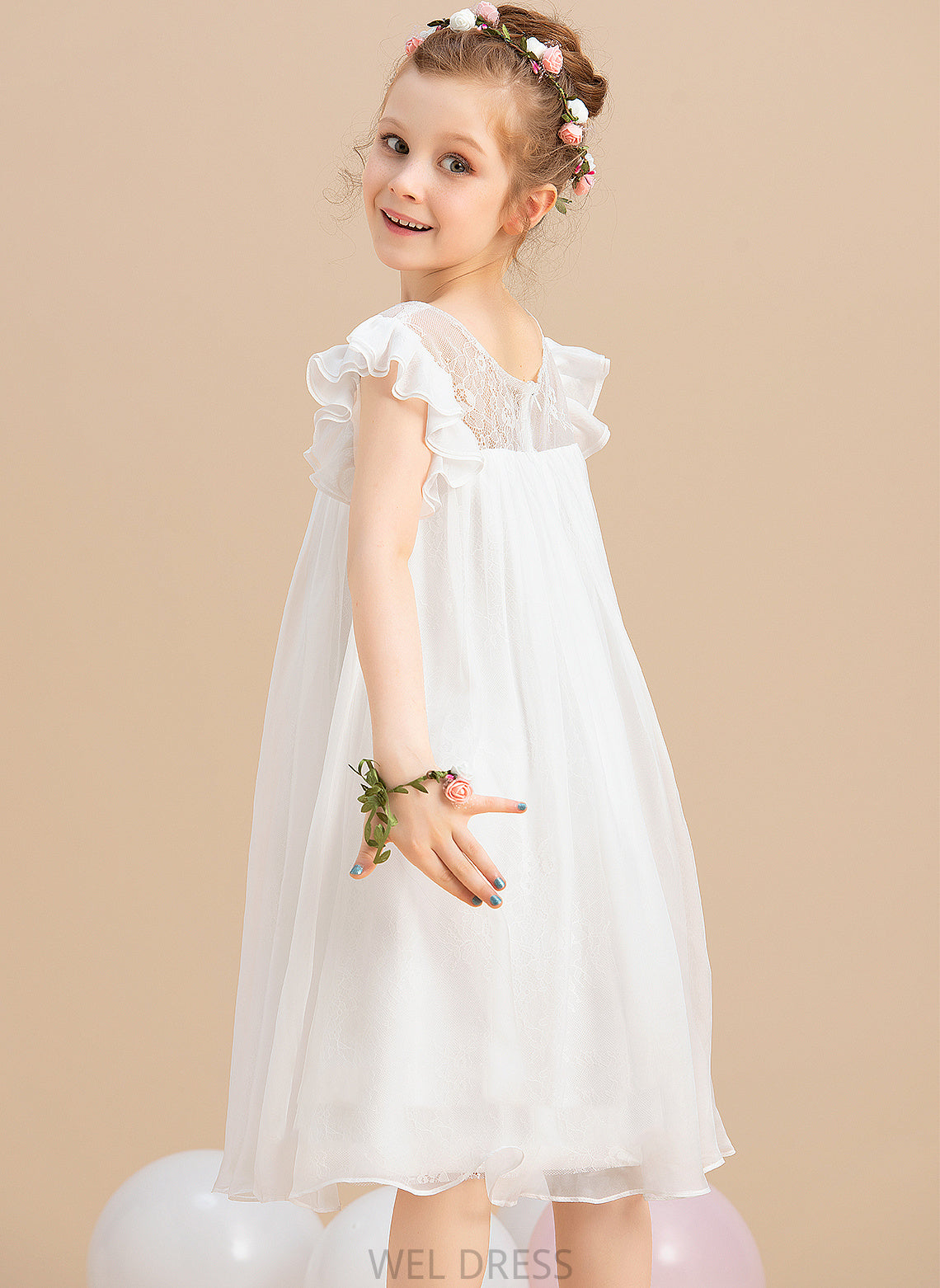 A-Line Sleeves Lace Scoop - Flower Girl Dresses Flower Dress Chiffon Short Knee-length Val With Neck Girl