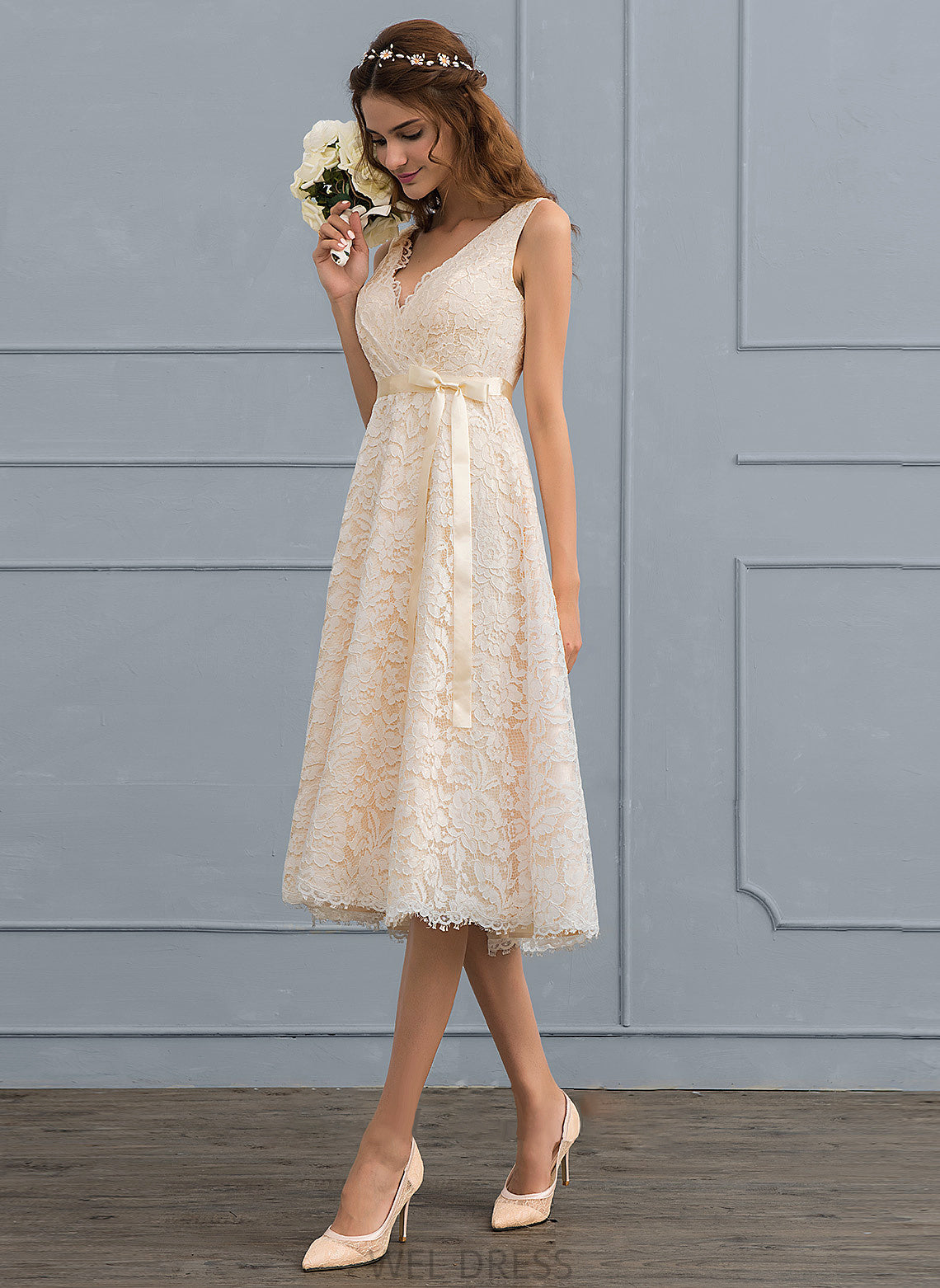 V-neck A-Line Wedding Dresses Dress Knee-Length Miriam Bow(s) Wedding With Lace