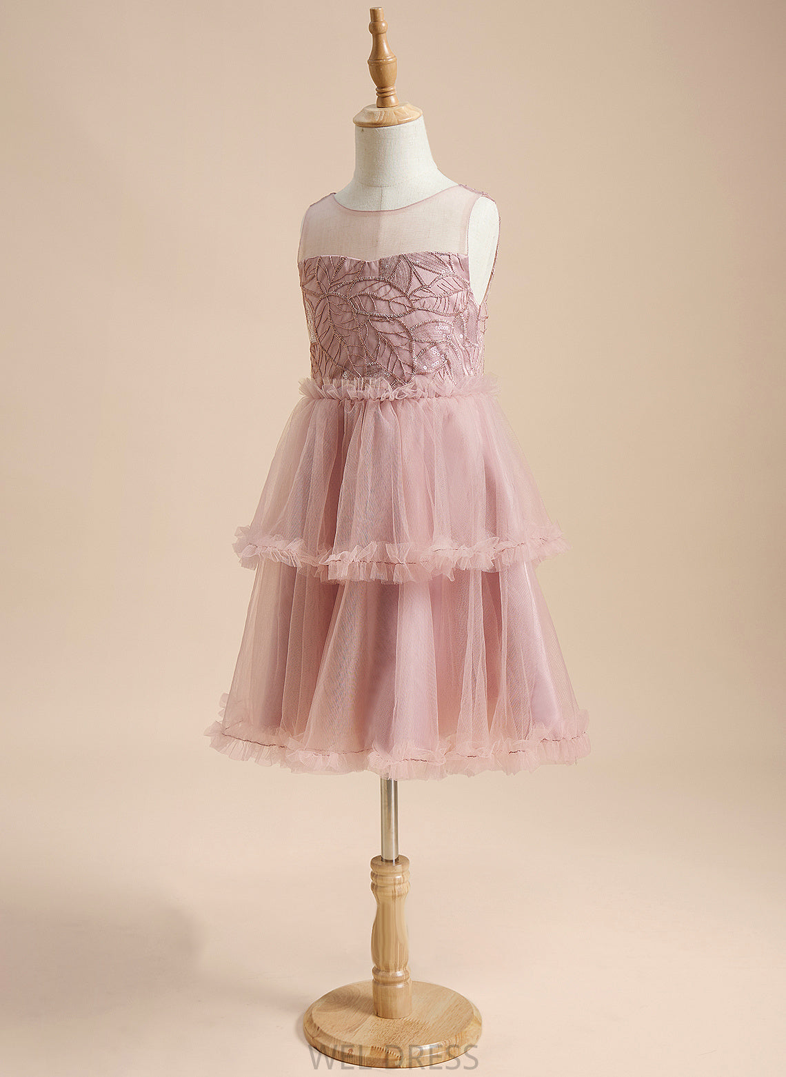 Sleeveless A-Line Abigayle Sequins/Pleated/V - Neck Flower Scoop Girl With Flower Girl Dresses Back Tulle Dress Knee-length