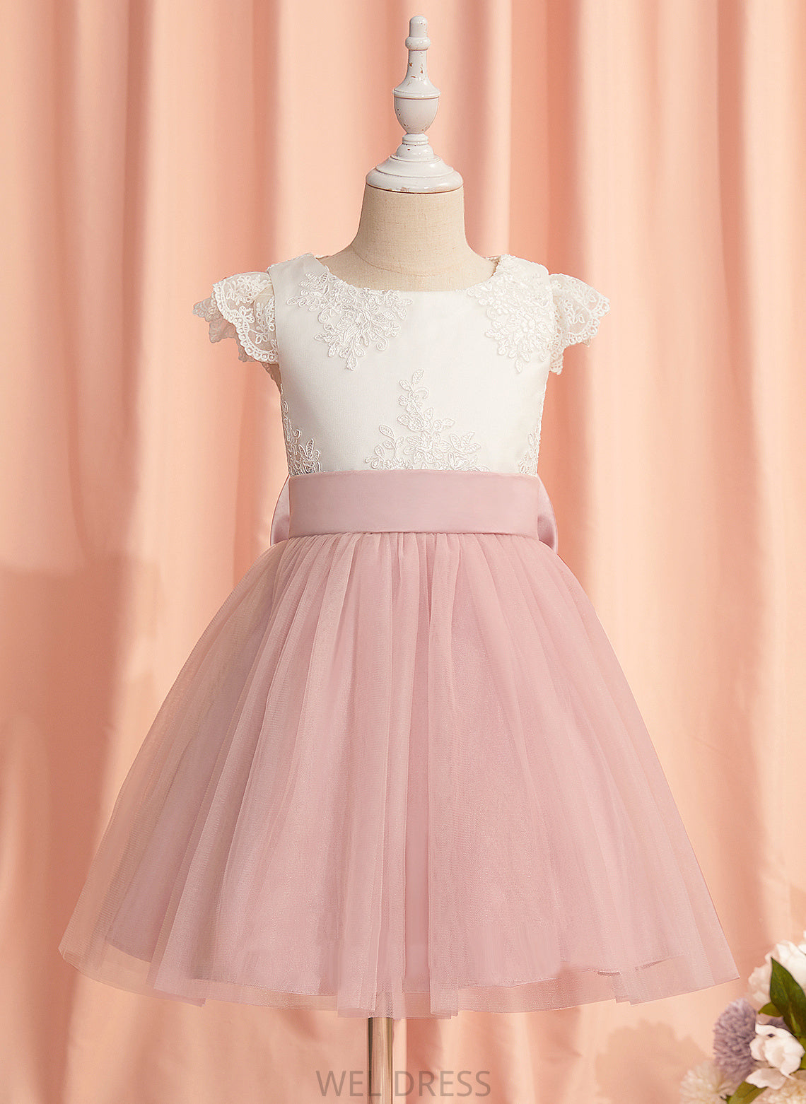 Neck Mylie With Short Scoop Tulle Dress Lace/Bow(s) Flower Girl Dresses Knee-length - A-Line Sleeves Flower Girl