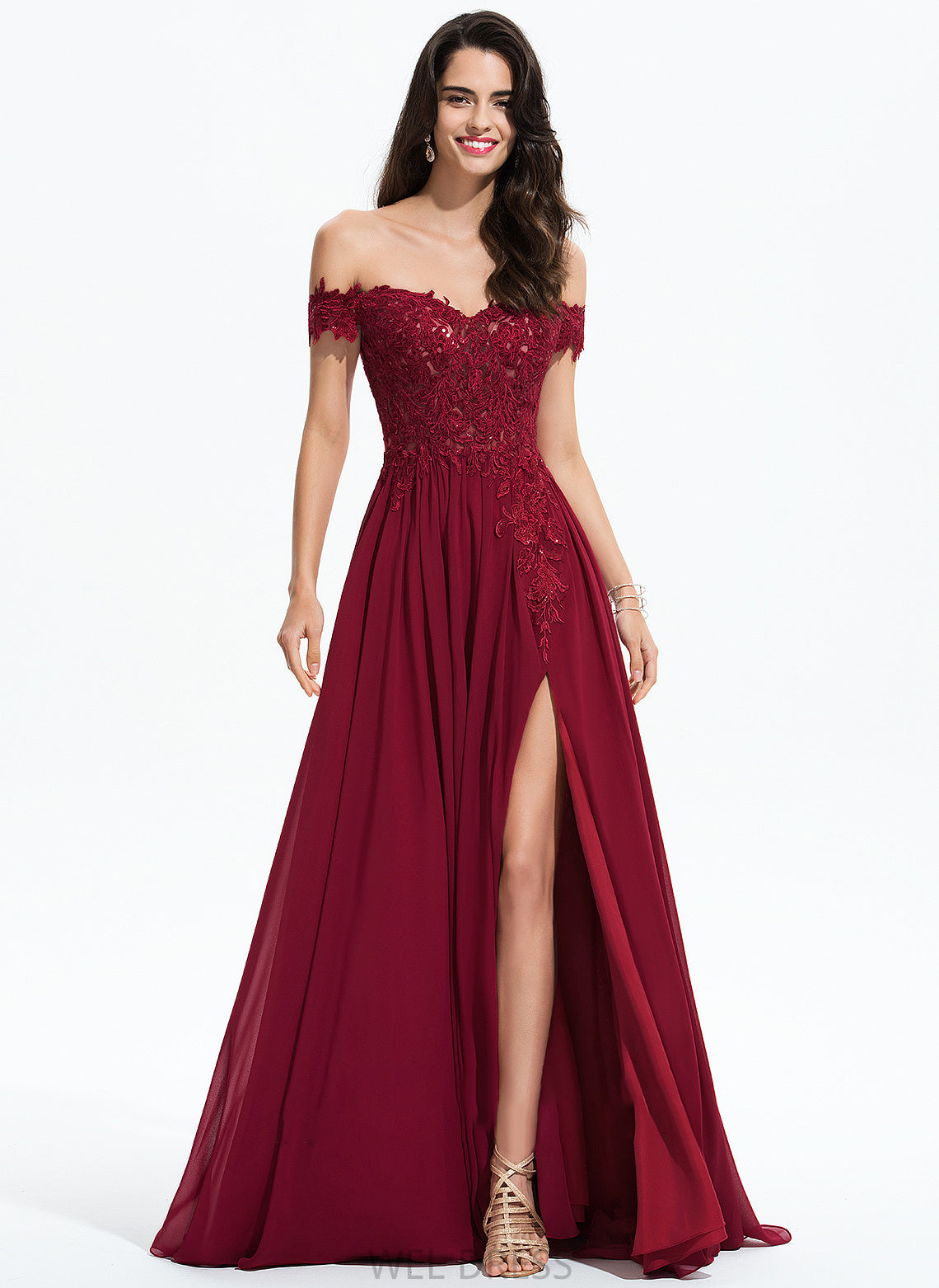 Chiffon With Lace Kimora Sweep A-Line Sequins Off-the-Shoulder Prom Dresses Train