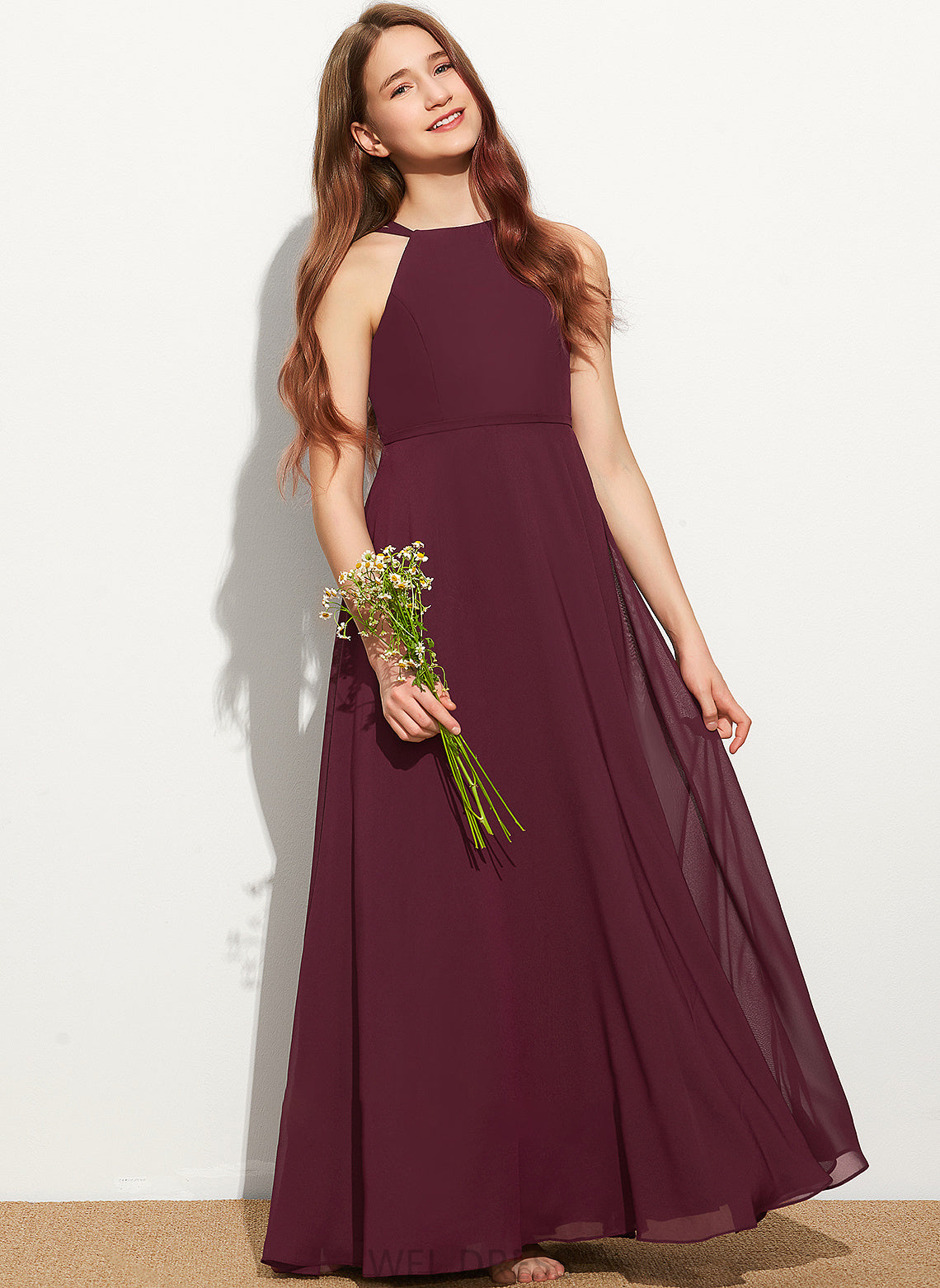 Micaela A-Line Chiffon Floor-Length Scoop Junior Bridesmaid Dresses Neck