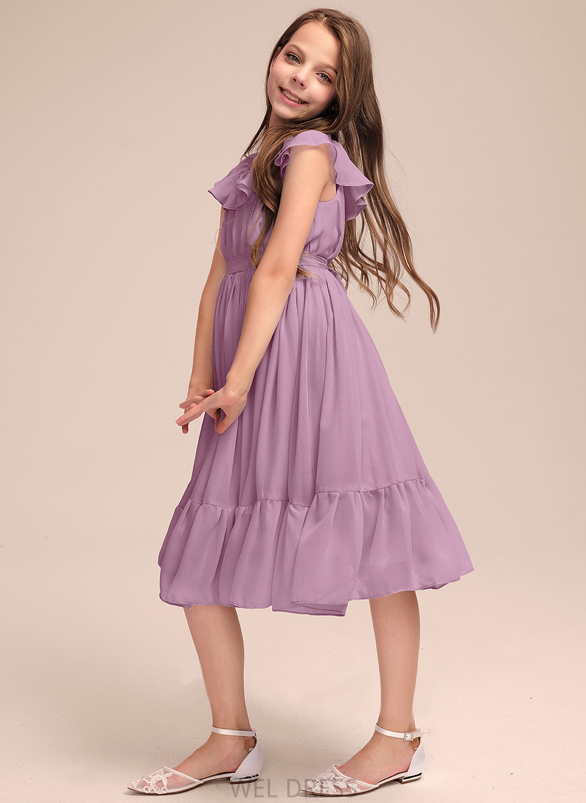 A-Line Ruffles With Junior Bridesmaid Dresses Chiffon Bow(s) Knee-Length Neck Cascading Scoop Veronica