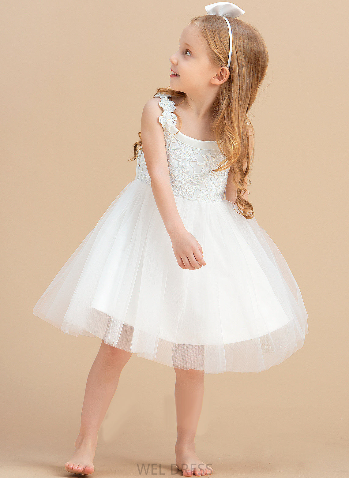 With Scoop Back Flower(s)/V Sleeveless Flower Girl Dresses - Satin/Tulle/Lace Presley Neck Knee-length Dress Flower Girl A-Line