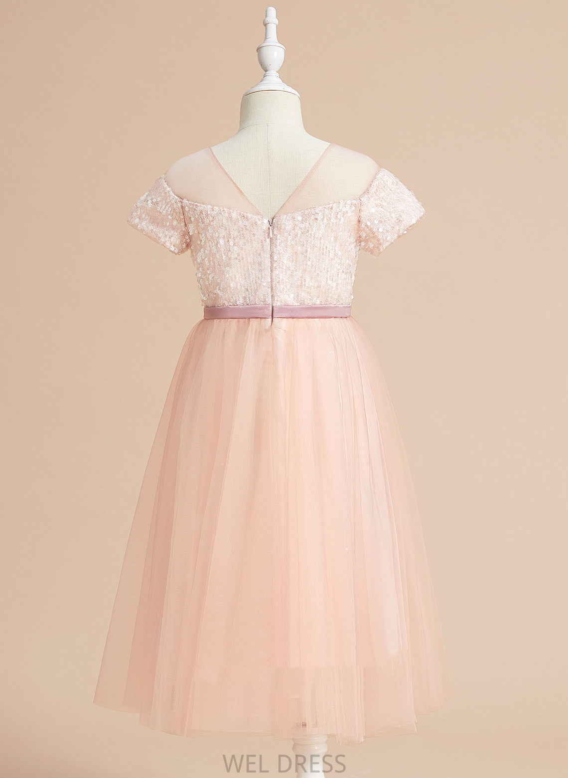 With Tea-length A-Line Sash/Bow(s) Aubrie Tulle Flower Sleeves Scoop Flower Girl Dresses Girl Dress - Short Neck