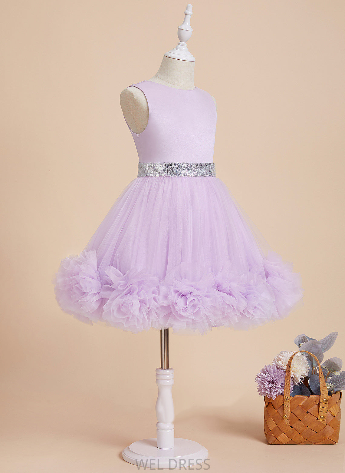 Flower Girl Satin/Tulle With Ball-Gown/Princess - Dress Sleeveless Natasha Neck Knee-length Flower Girl Dresses Flower(s)/Sequins Scoop