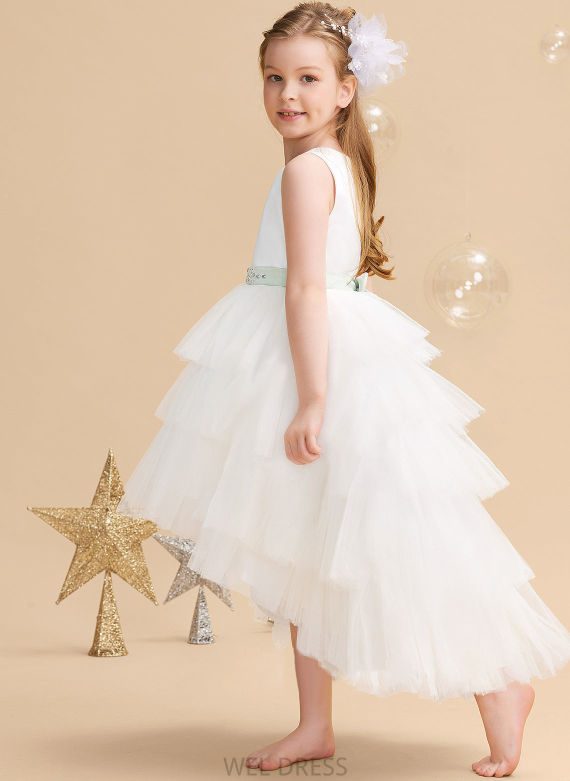 Madeleine Scoop Flower Girl Dresses Asymmetrical Dress (Detachable Neck Flower Sleeveless sash) Sash/Beading With Girl - Ball-Gown/Princess Tulle