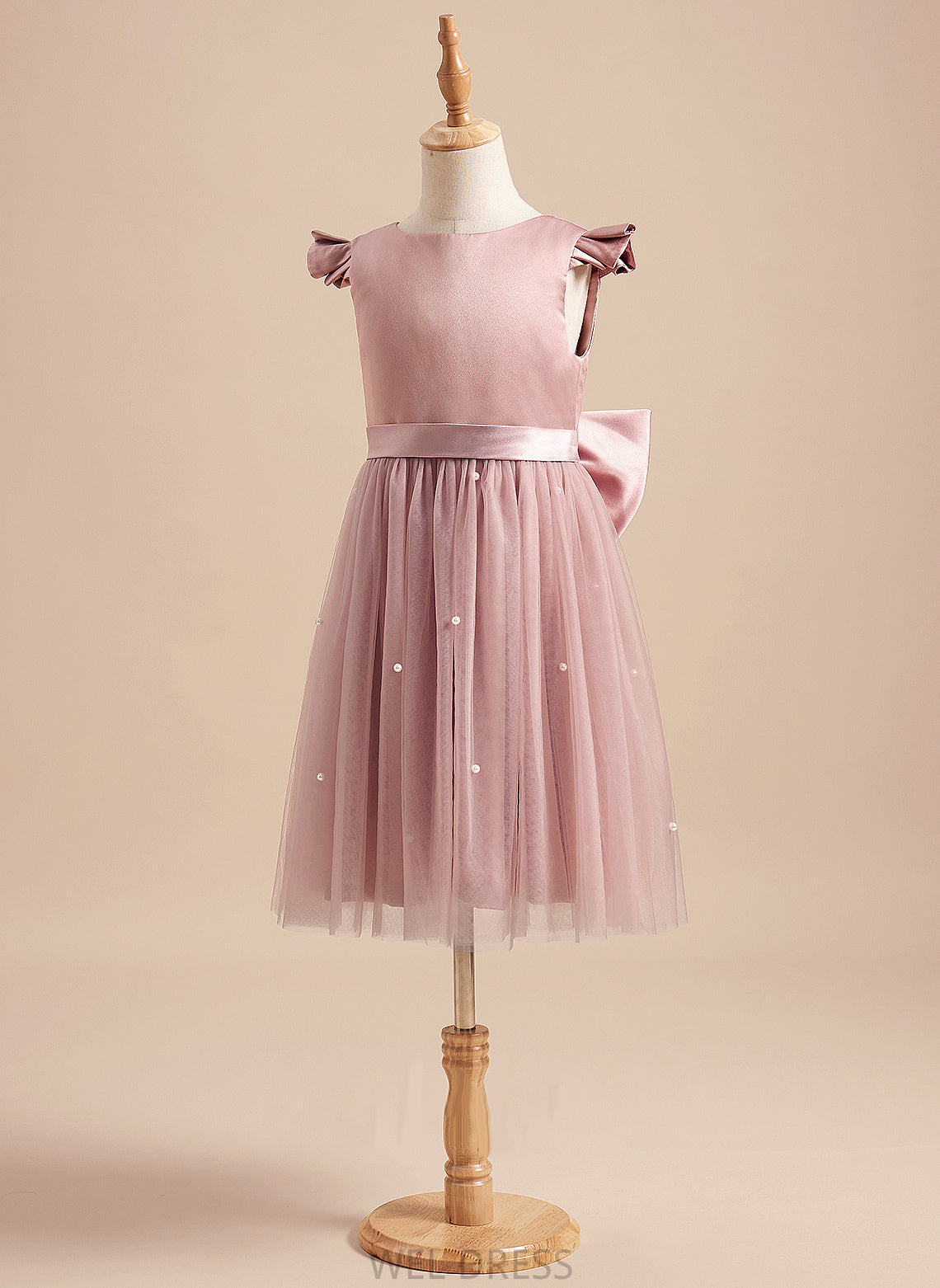 Satin/Tulle Girl Knee-length A-Line Neck Short Beading/Bow(s) Sleeves Dress Flower Girl Dresses With Scoop - Desirae Flower