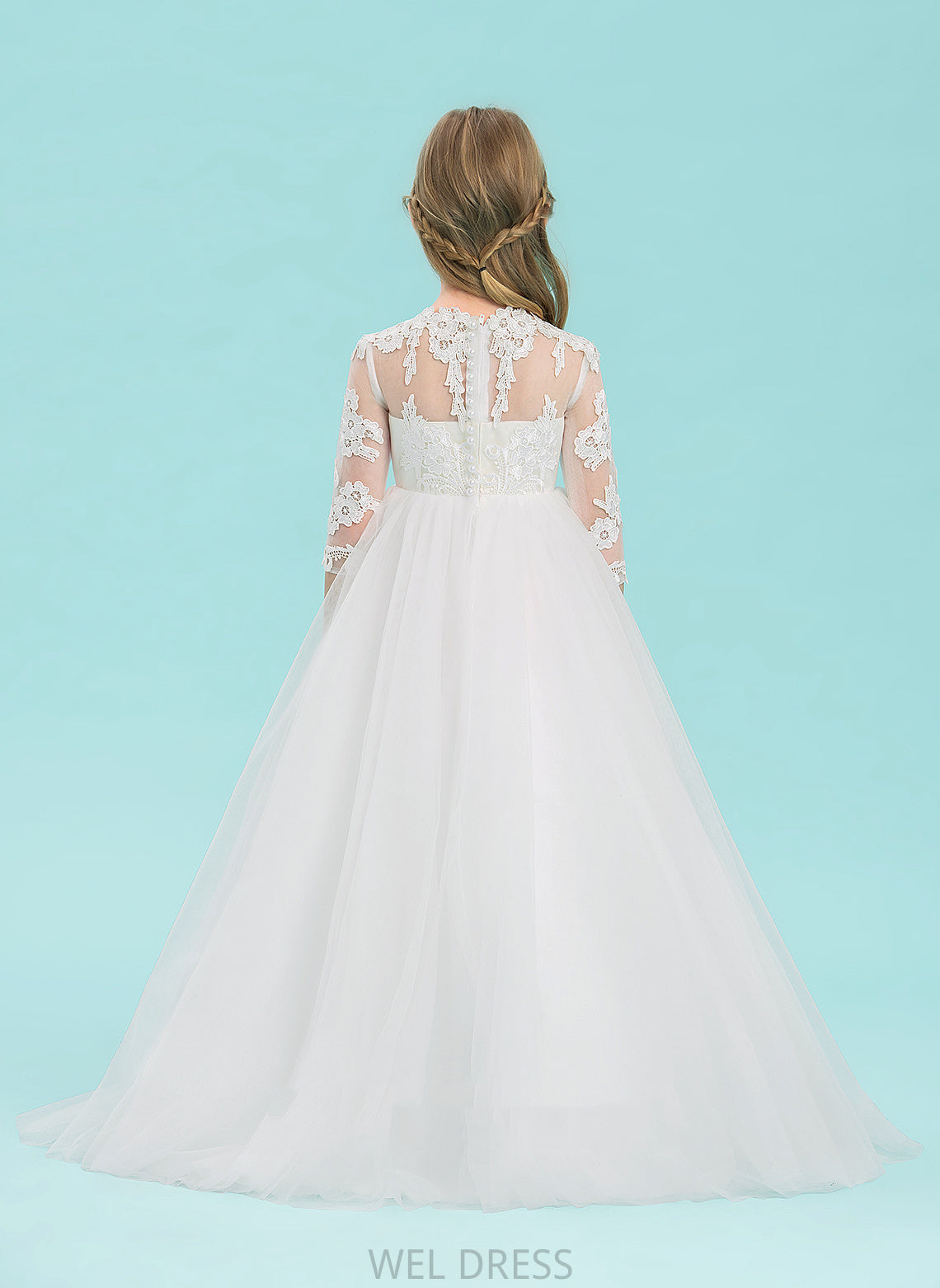 Flower 3/4 Myla Tulle Neck Ball-Gown/Princess Girl Dress Scoop Floor-length Flower Girl Dresses - Sleeves