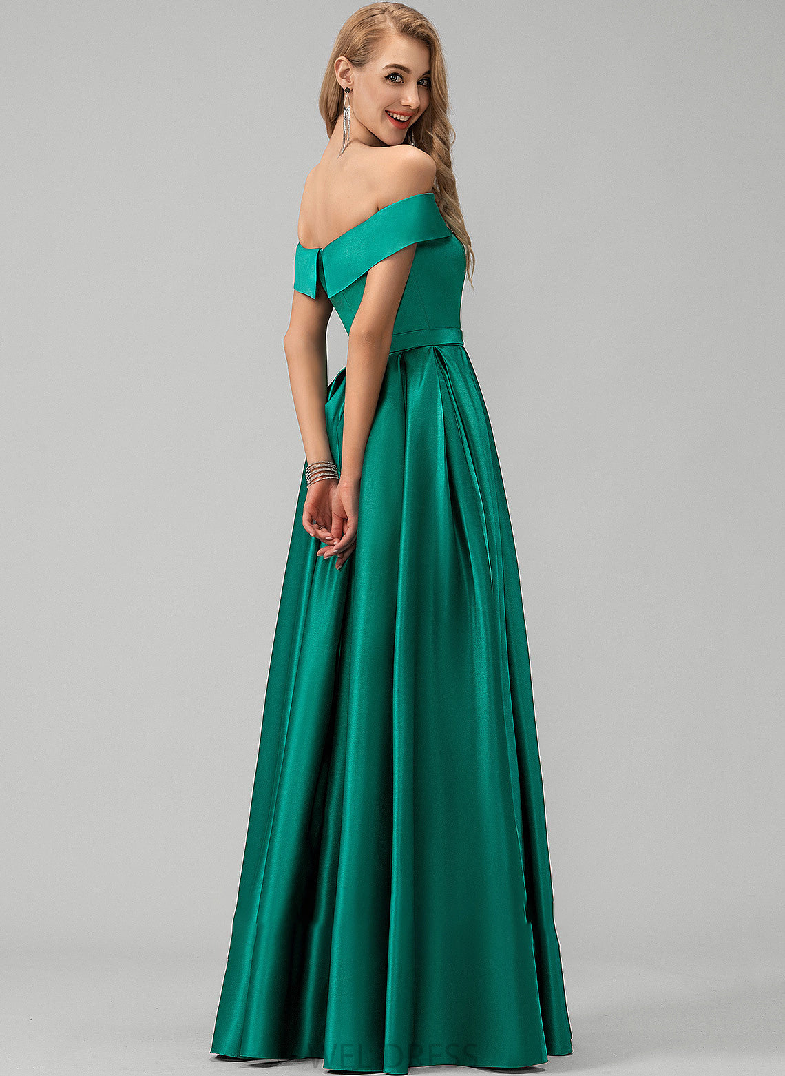 Satin Prom Dresses Pockets Floor-Length Ball-Gown/Princess Split Jazlyn With Off-the-Shoulder Front