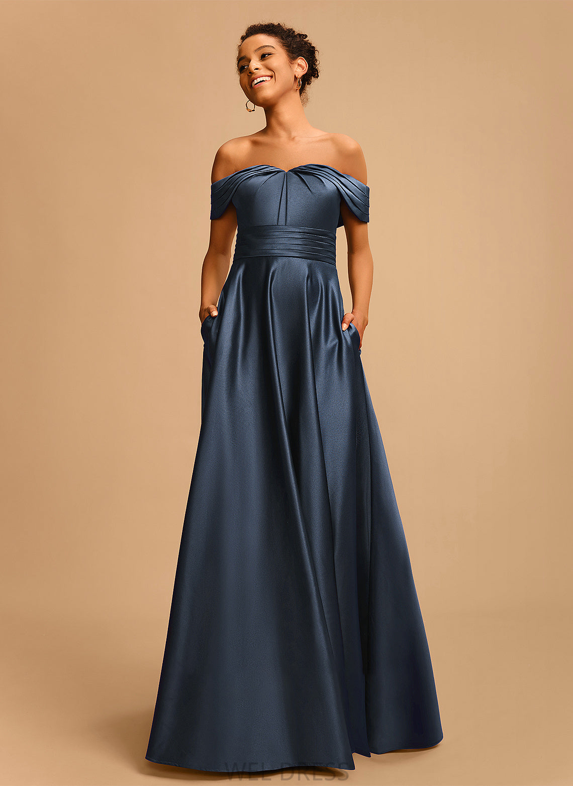 Floor-Length Prom Dresses Annabelle With A-Line Off-the-Shoulder Satin Pleated