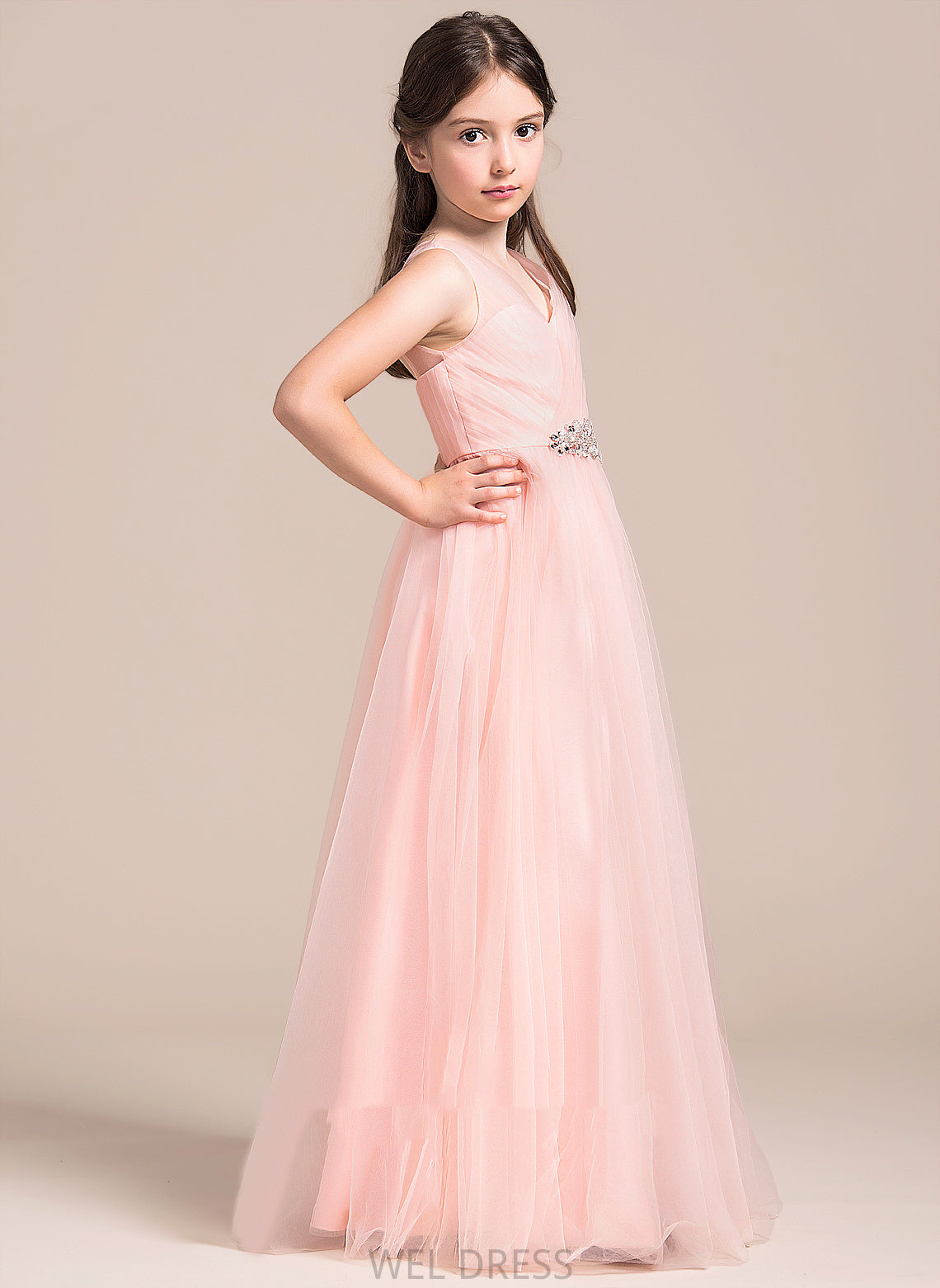 V-neck A-Line Flower Girl Dresses With Flower Sleeveless - Dress Floor-length Ruffles/Beading/Sequins Tulle Girl Audrey