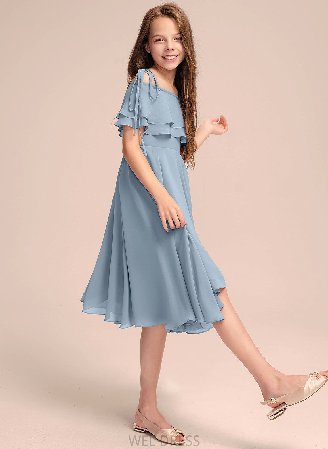 Ruffles With Junior Bridesmaid Dresses A-Line Off-the-Shoulder Chiffon Celia Cascading Asymmetrical