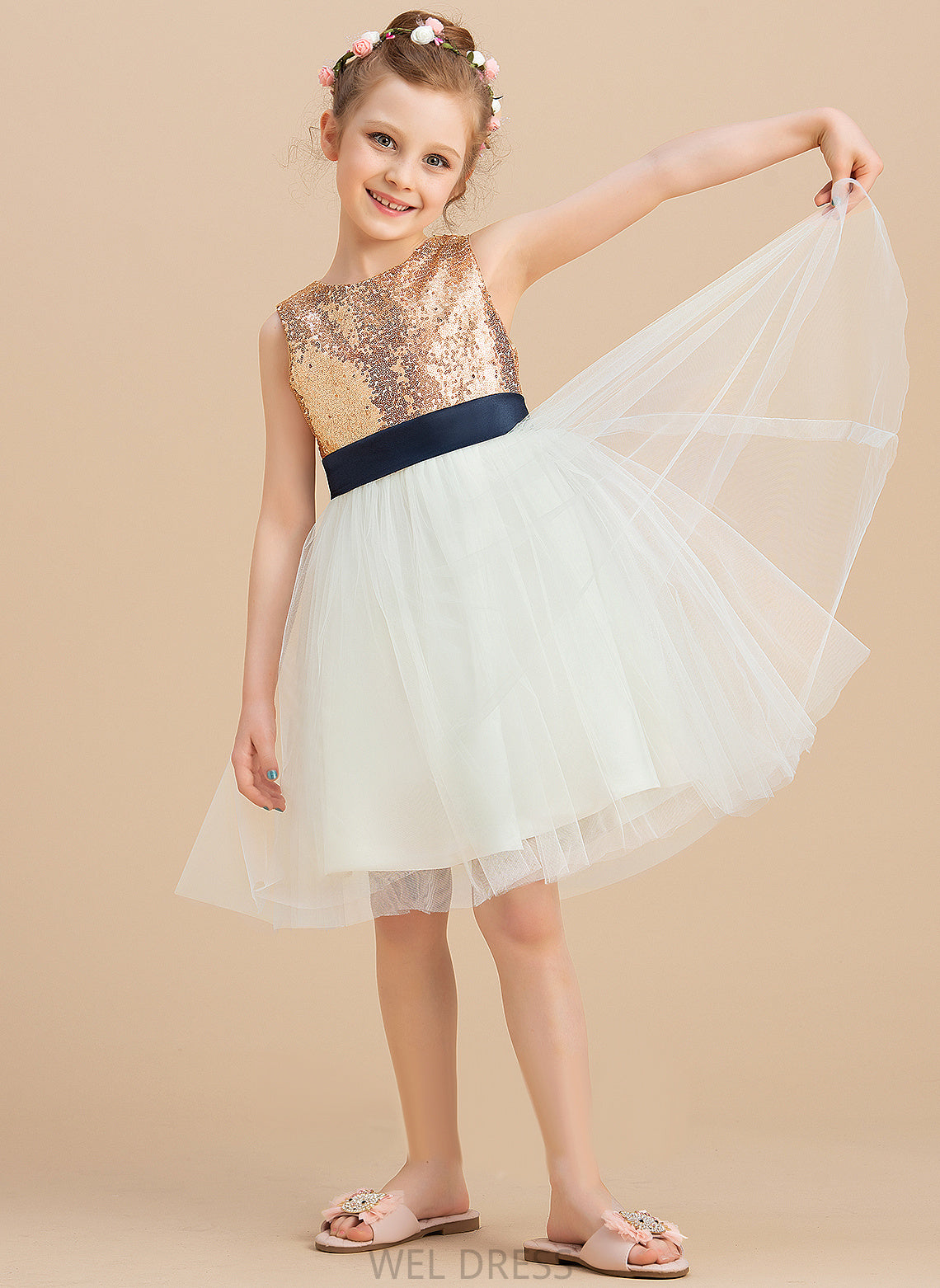 (Undetachable Lacey Flower Girl Dresses With Sequins/Bow(s) sash) Sleeveless Scoop Knee-length Neck Flower Dress - Satin/Tulle/Sequined A-Line Girl