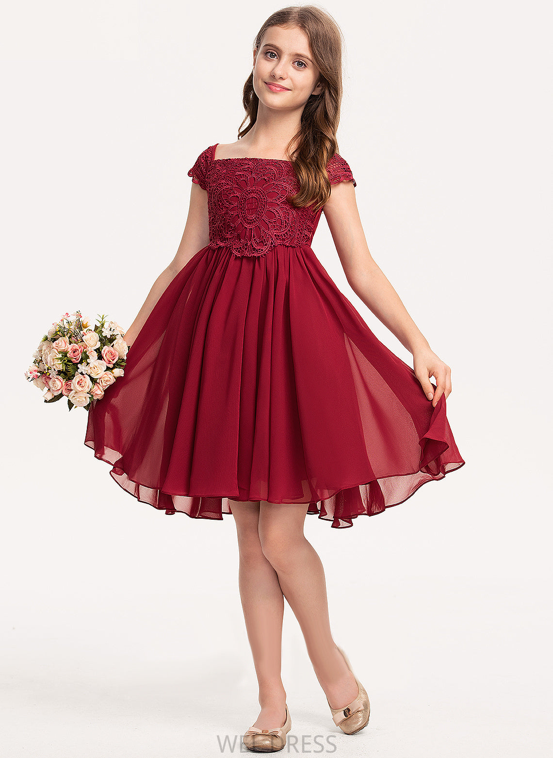 Girl Chiffon Short Flower Girl Dresses Sleeves Square Knee-length Neckline Flower - A-Line Dress Gabriela