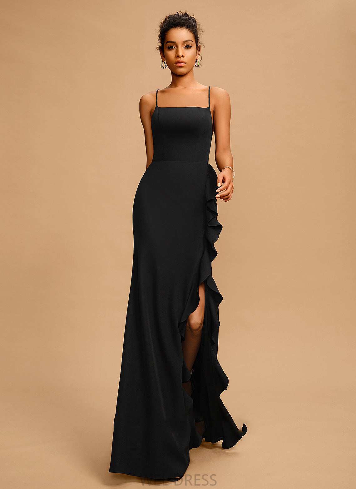 With Neckline Ruffle Square Brooklynn Prom Dresses Sheath/Column Stretch Floor-Length Crepe